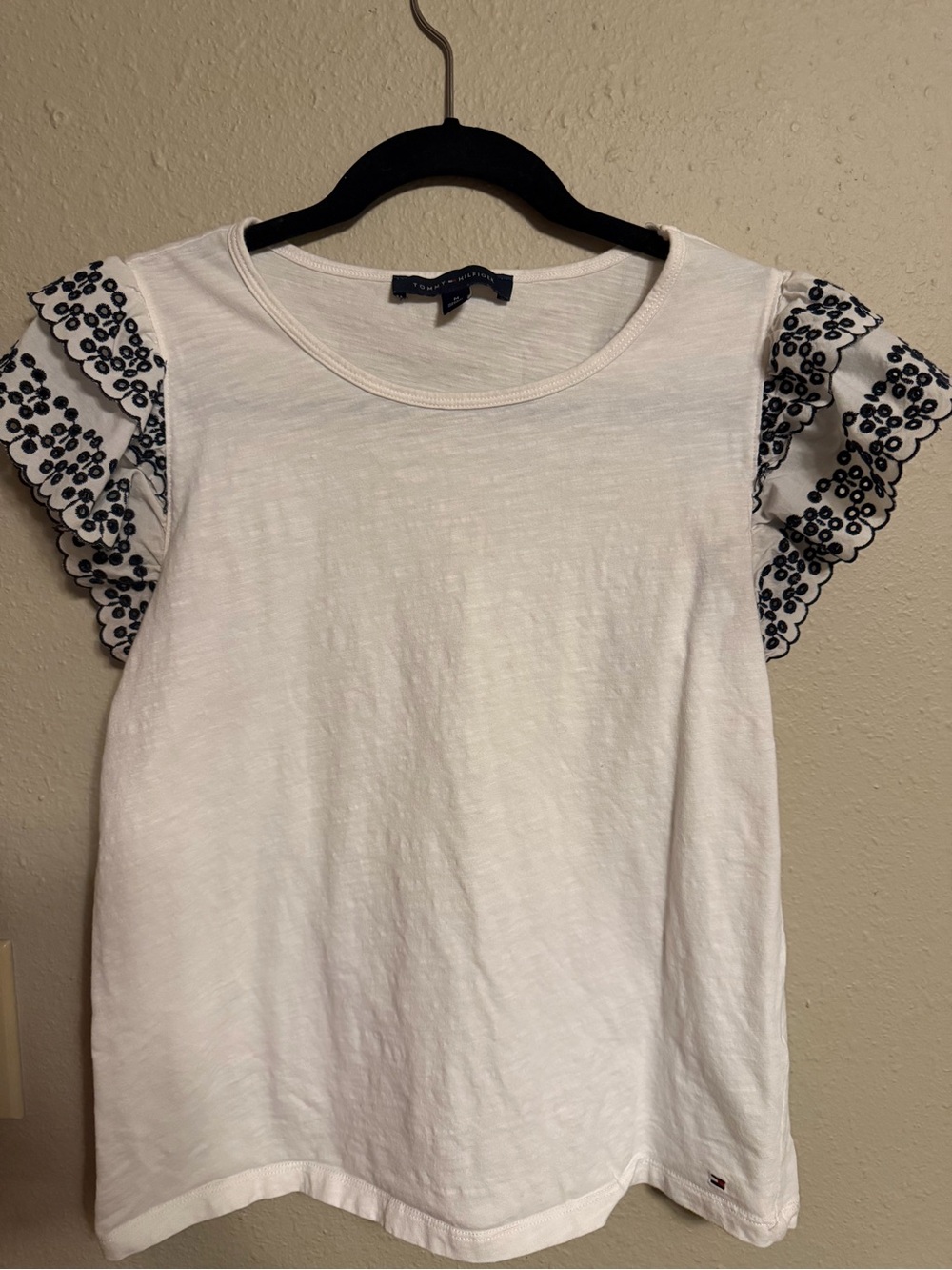 Tommy Hilfiger White Tee with Navy Eyelet Ruffle Sleeves